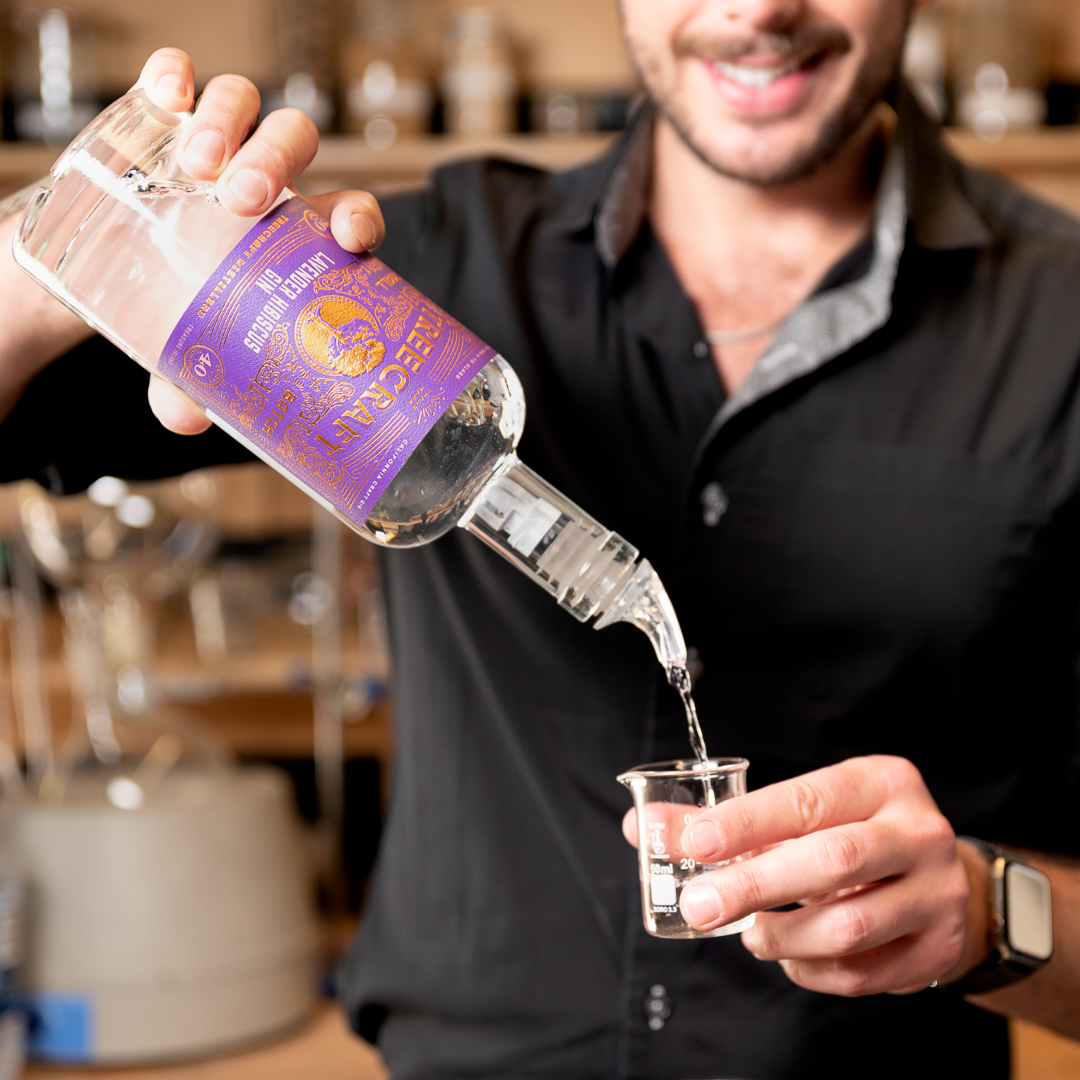Lavender Hibiscus Gin poured into glass
